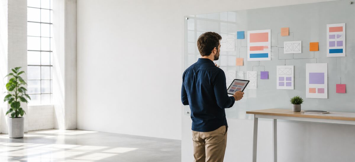 A designer planning a page layout on a glass board
