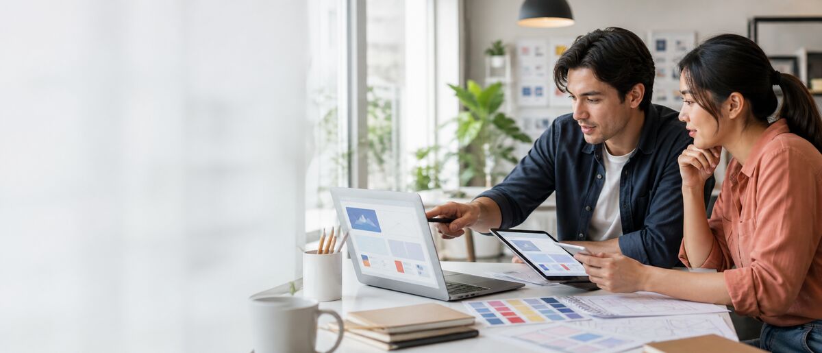 Two designers reviewing a website together on a laptop