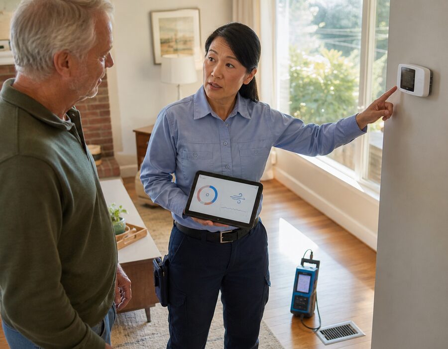 A technician showing a homeowner a reading at the thermostat