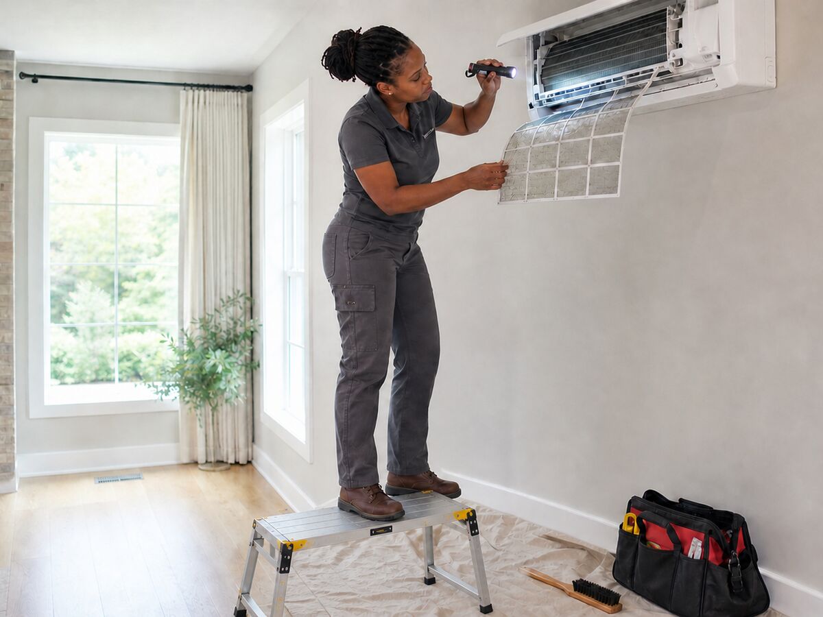 A technician cleaning the filter of an indoor wall unit