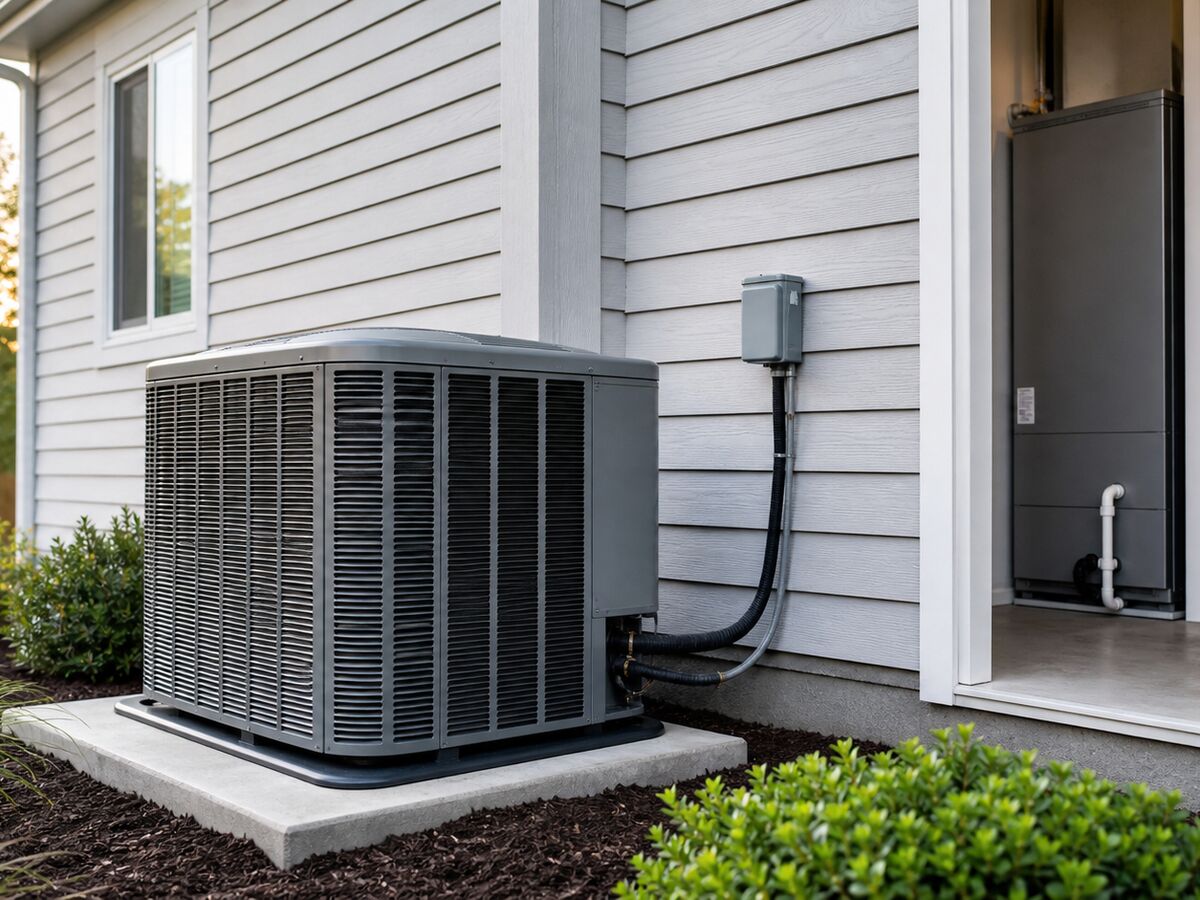 An outdoor unit installed at the side of a house