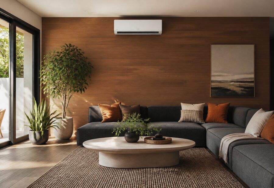 A living room with a wall mounted air conditioner above the window