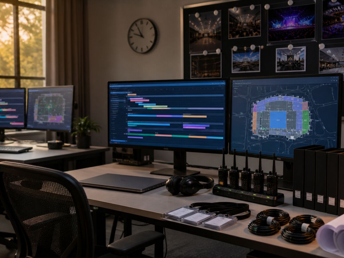 An operations room with several screens showing venue layouts