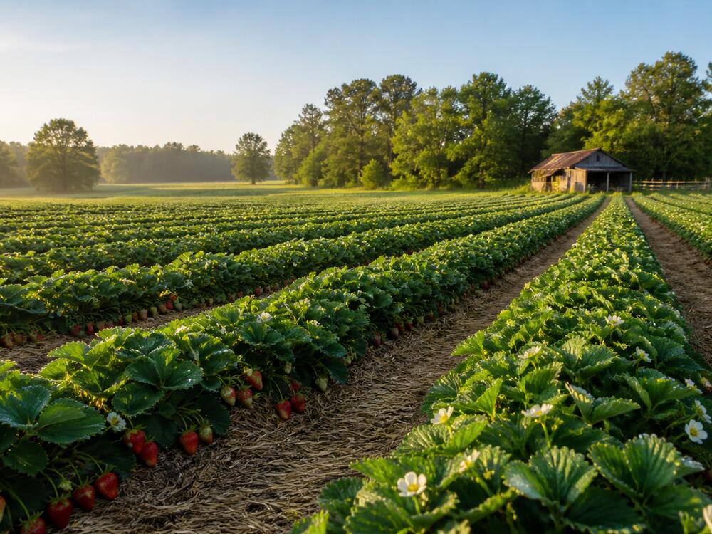Rows of strawberry plants running to a barn