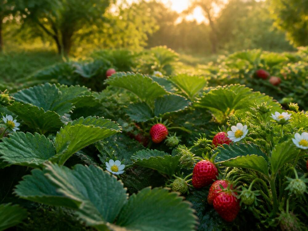 Strawberry plants in flower at golden hour