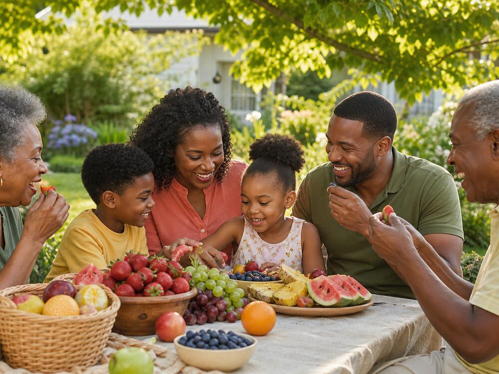 A family sharing fruit around a garden table