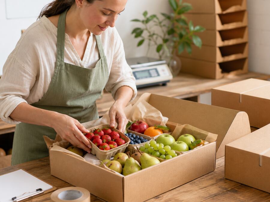 A box of fruit being packed by hand at a work bench
